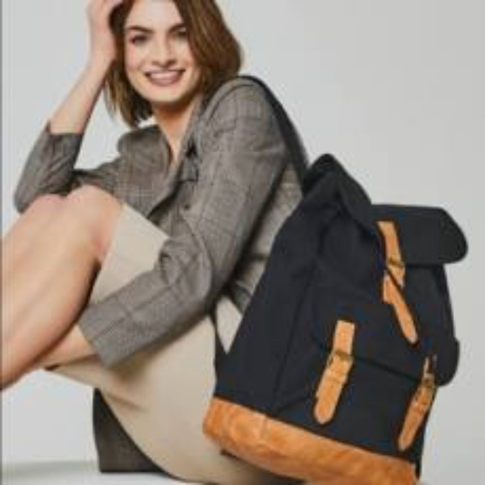 DSW Black Canvas Backpack Bag Brown Trim